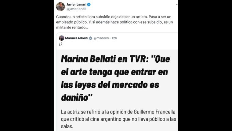 Los tuits de Manuel Adorni y Javier Lanari contra Marina Bellati. Los tuits de Manuel Adorni y Javier Lanari contra Marina Bellati.