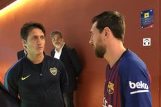 Guillermo Barros Schelotto junto a Messi en el Camp Nou
