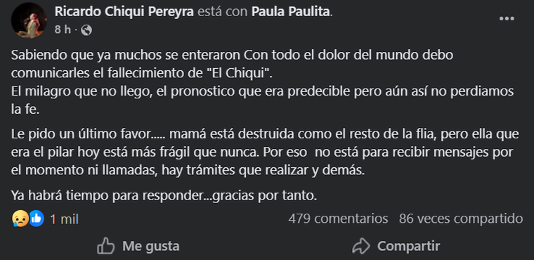 Tristeza por la muerte de Ricardo Pereyra. Tristeza por la muerte de Ricardo Pereyra.