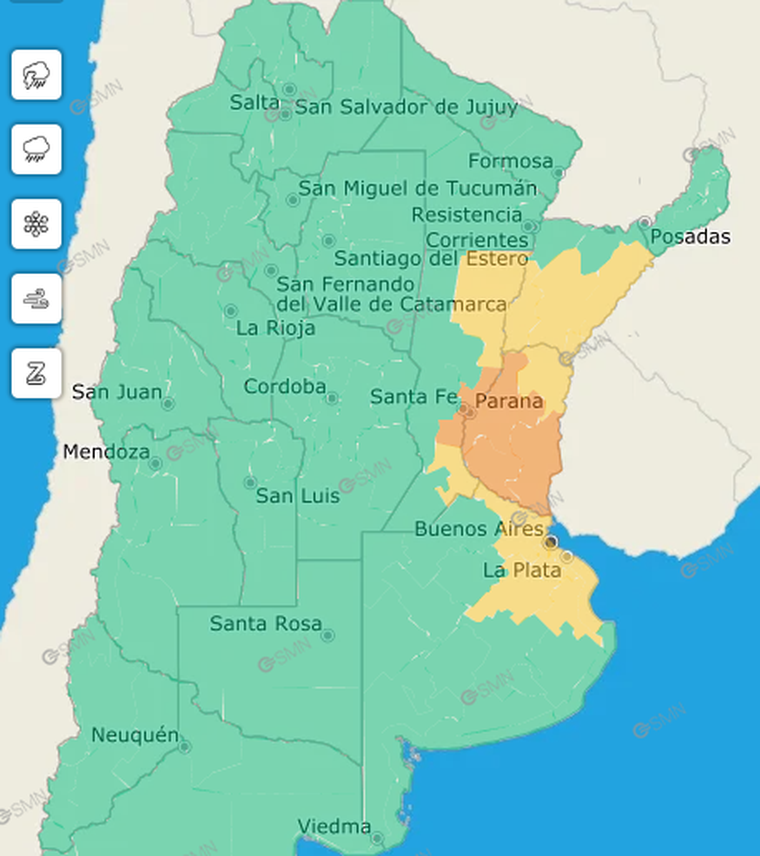 El Servicio Meteorológico Nacional estableció la alerta amarilla para cuatro provincias por lluvias fuertes. El Servicio Meteorológico Nacional estableció la alerta amarilla para cuatro provincias por lluvias fuertes.