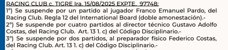 Costas recibirá cuatro partidos de suspensión de cumplimiento efectivo. Costas recibirá cuatro partidos de suspensión de cumplimiento efectivo.