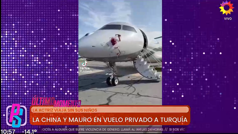 El avión en el que viajarán Mauro Icardi y la China Suárez. Foto: captura de video/ El Trece. El avión en el que viajarán Mauro Icardi y la China Suárez. Foto: captura de video/ El Trece.
