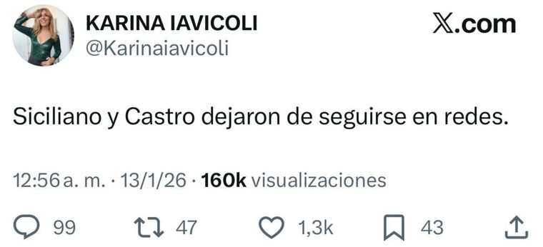 Fue Karina Iavícoli quien contó que Siciliani y Castro dejaron de seguirse. Fue Karina Iavícoli quien contó que Siciliani y Castro dejaron de seguirse.