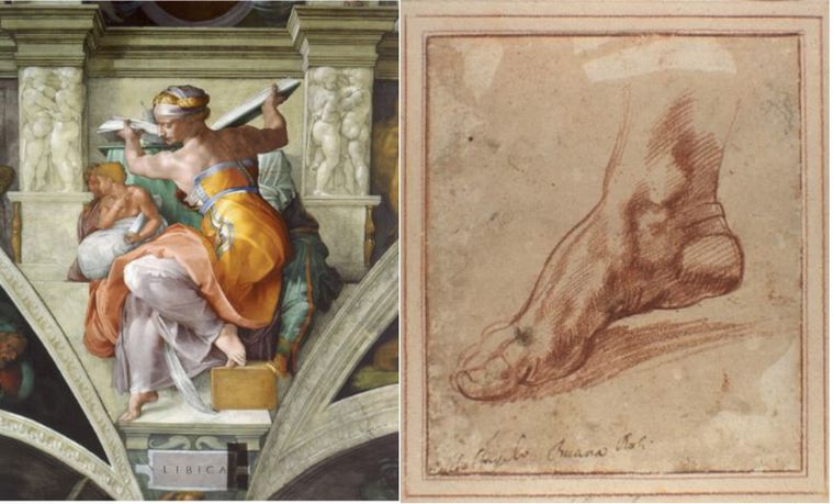 El dibujo hallado y el detalle del fresco en la Capilla Sixtina.