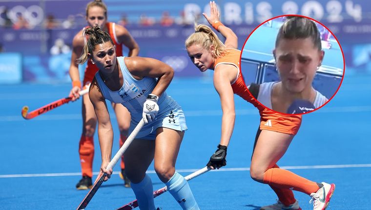 Agustina no pudo contener las lágrimas tras la caída de Argentina en las semifinales ante Países Bajos. Foto: EFE y captura TyC Sports