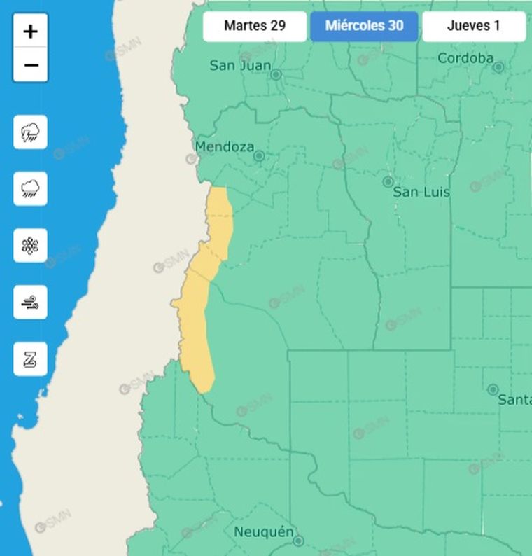 El SMN emitió un alerta por nevadas para este miércoles en Mendoza. El SMN emitió un alerta por nevadas para este miércoles en Mendoza.
