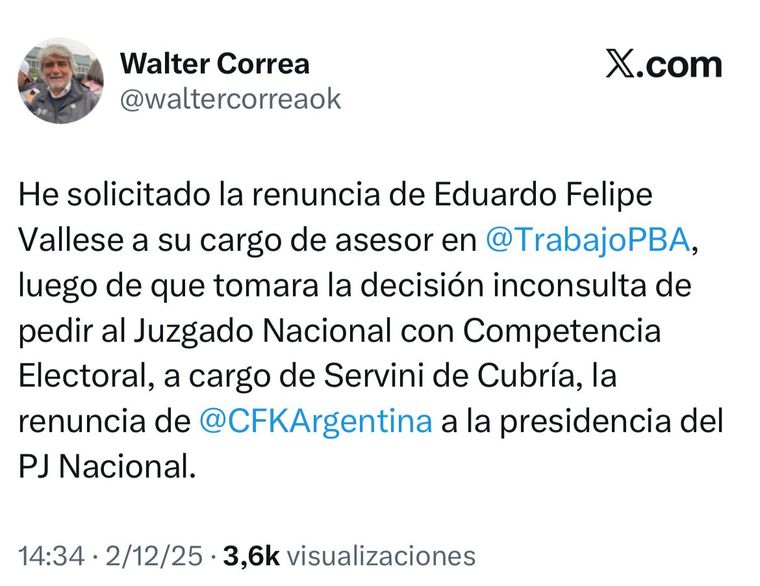 El ministro de Trabajo bonaerense, Walter Correa, solicitó la renuncia de un funcionario por pedir que CFK deje la presidencia del PJ. El ministro de Trabajo bonaerense, Walter Correa, solicitó la renuncia de un funcionario por pedir que CFK deje la presidencia del PJ.