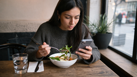 Comer con el celular en la mesa reduce la alegría, aumenta el estrés y afecta el disfrute. Comer con el celular en la mesa reduce la alegría, aumenta el estrés y afecta el disfrute.
