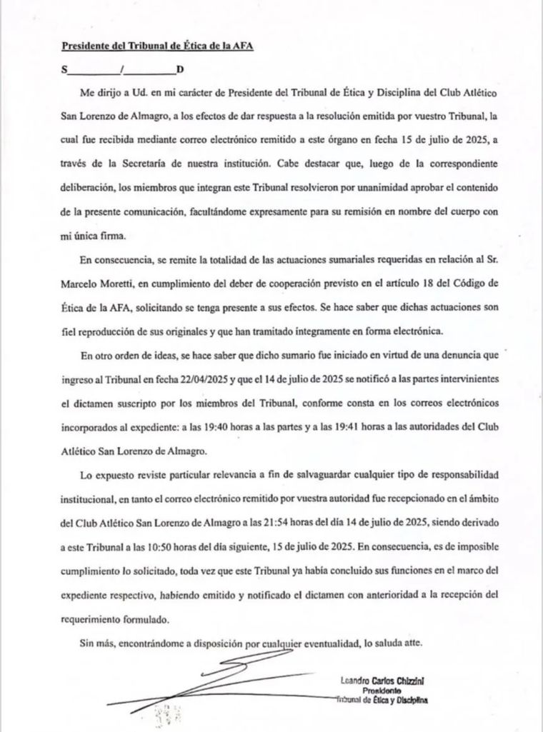 La respuesta del Tribunal de Ética de San Lorenzo a AFA en medio del caso Moretti. La respuesta del Tribunal de Ética de San Lorenzo a AFA en medio del caso Moretti.