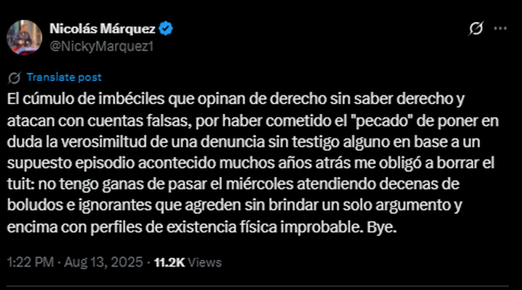 Un posteo que generó repudio. Créditos: X / NickyMarquez1 Un posteo que generó repudio. Créditos: X / NickyMarquez1