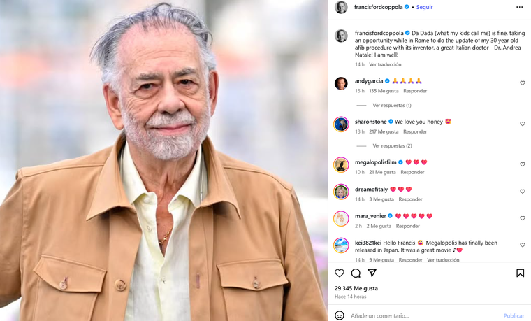 El posteo de Francis Ford Coppola que llevó tranquilidad. Foto: captura de pantalla Instagram/ @francisfordcoppola. El posteo de Francis Ford Coppola que llevó tranquilidad. Foto: captura de pantalla Instagram/ @francisfordcoppola.