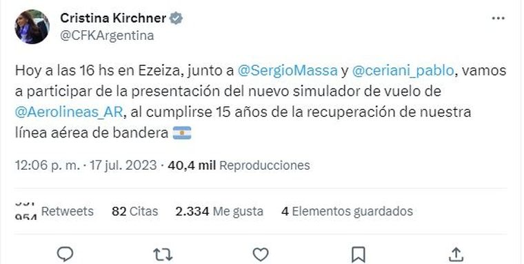 Tuit de Cristina Kirchner Foto: Twitter de Cristina Fernández de Kirchner