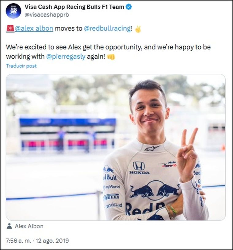En 2019, Pierre Gasly fue reemplazado por Alex Albon en Red Bull, doce carreras después de su debut. En 2019, Pierre Gasly fue reemplazado por Alex Albon en Red Bull, doce carreras después de su debut.