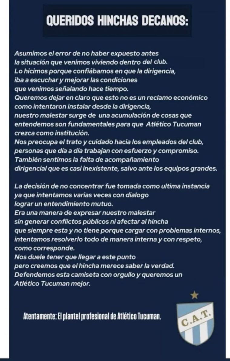 El comunicado del plantel de Atlético Tucumán contra la dirigencia. El comunicado del plantel de Atlético Tucumán contra la dirigencia.