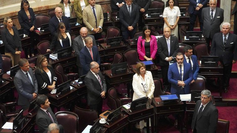 Los senadores libertarios, al mando de Patricia Bullrich, en la sesión por la baja de la edad de imputabilidad. Los senadores libertarios, al mando de Patricia Bullrich, en la sesión por la baja de la edad de imputabilidad.