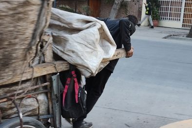 MDZol | Alexis tracciona el carro donde guarda el material reciclable que recolecta.