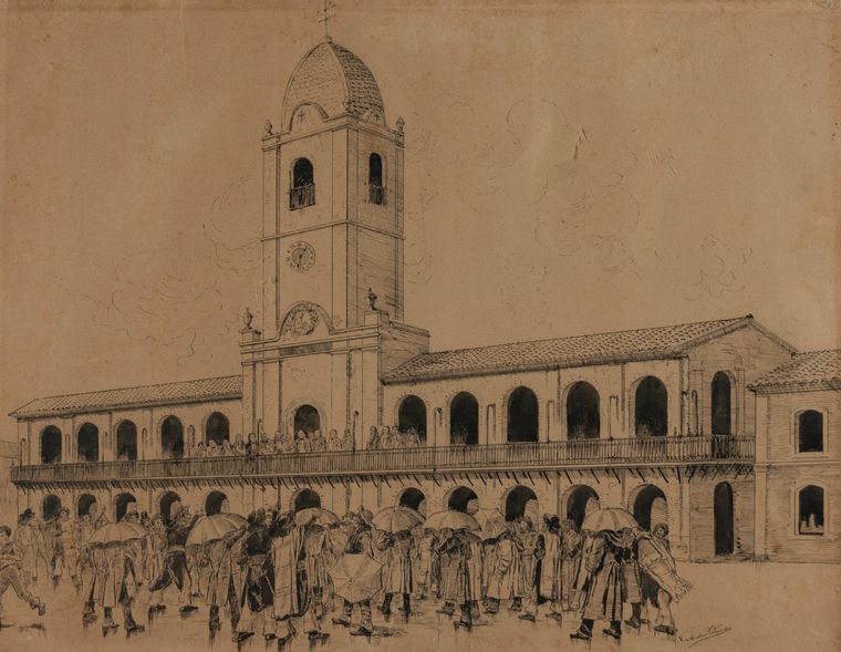 El Cabildo de Buenos Aires y los paraguas, dos elementos icónicos de la Revolución de Mayo Foto: Museo de Historia Nacional