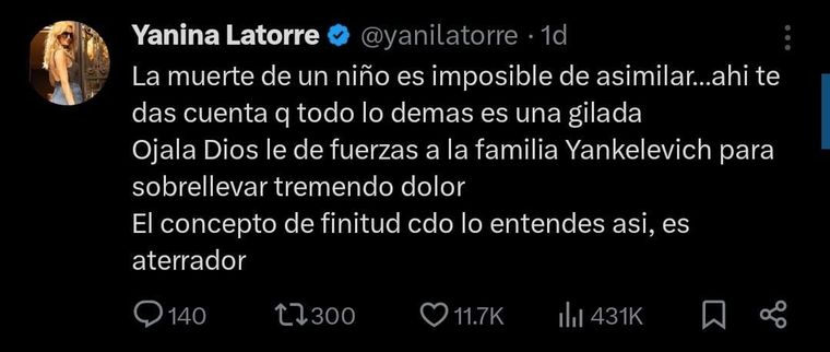 Yanina Latorre y su pésame. Créditos: X / yanilatorre