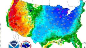 Mientras que una gran parte de EE.UU. tendrá tiempo muy frío (azul) otra llegará a calores extremos (rojo).