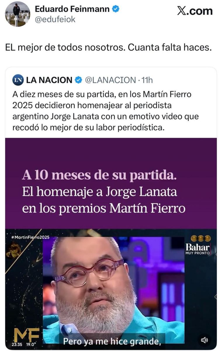 El mensaje que le dedicó Eduardo Feinmann al periodista. El mensaje que le dedicó Eduardo Feinmann al periodista.