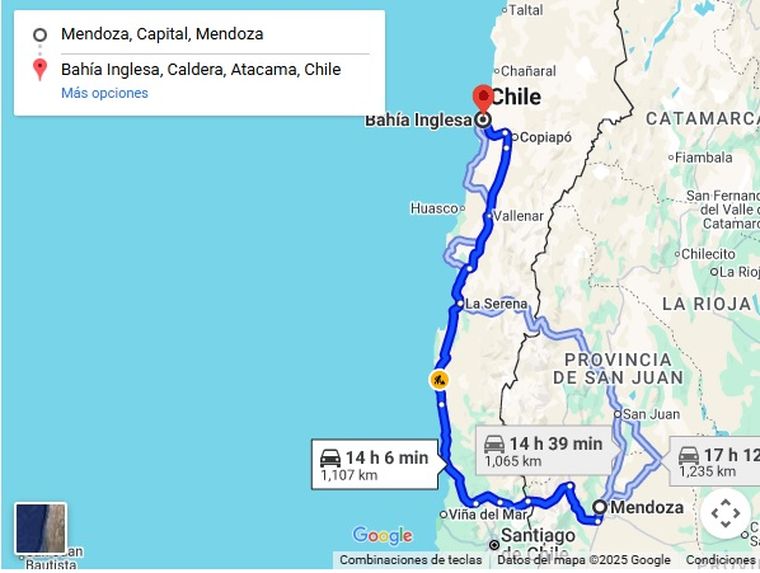 Esta es la ruta que se puede hacer desde Mendoza, en auto, hasta Bah&iacute;a Inglesa