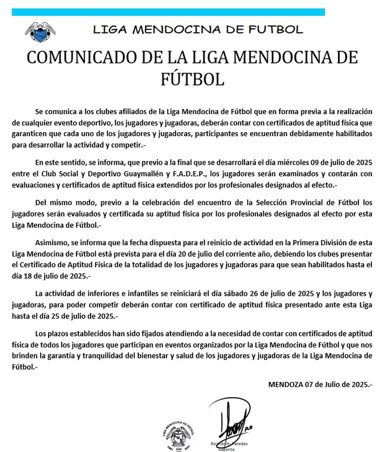 El comunicado de la Liga Mendocina. El comunicado de la Liga Mendocina.