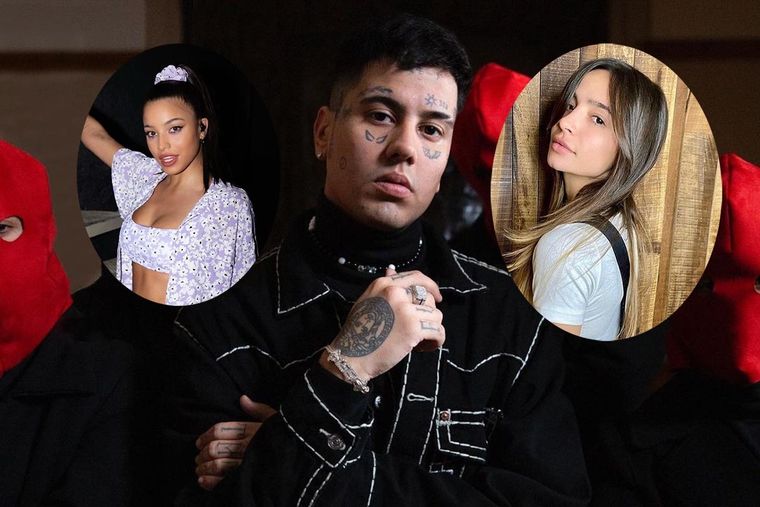 HAY GUERRA. EL DUKI, EN EL MEDIO DE SUS DOS MUJERES: EMILIA MERNES Y BRENDA ASNICAR.