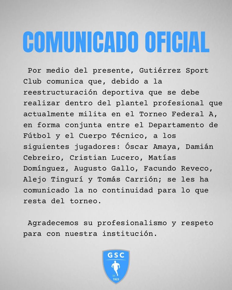 El comunicado emitido por Gutiérrez. El comunicado emitido por Gutiérrez.