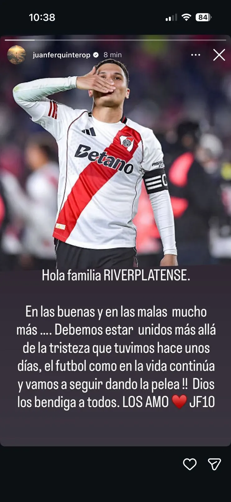El sorpresivo mensaje de Juanfer Quintero en redes sociales en medio del fuerte rumor de su salida de River. El sorpresivo mensaje de Juanfer Quintero en redes sociales en medio del fuerte rumor de su salida de River.