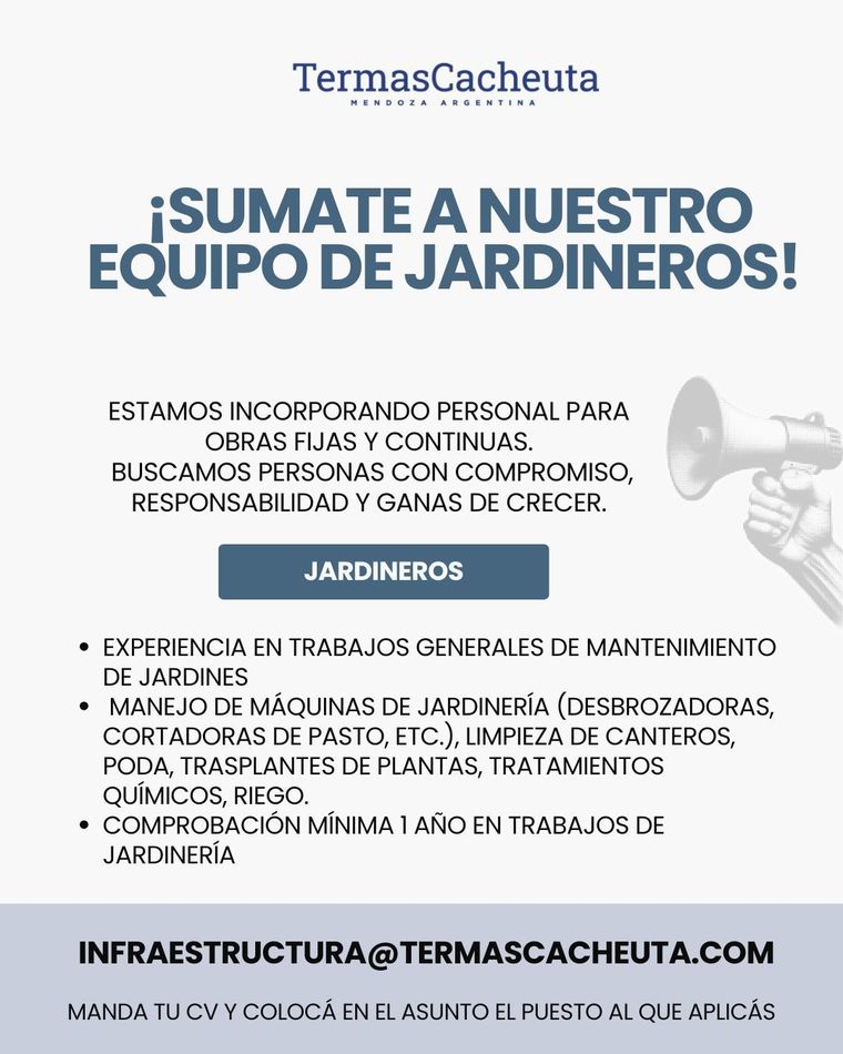 Termas de Cacheuta ofrece trabajo en jardinería y construcción. Foto: Trabajo en Mendoza Termas de Cacheuta ofrece trabajo en jardinería y construcción. Foto: Trabajo en Mendoza