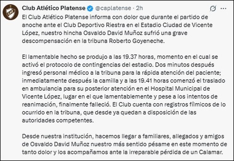 Platense publicó un comunicado en sus cuentas oficiales. Platense publicó un comunicado en sus cuentas oficiales.