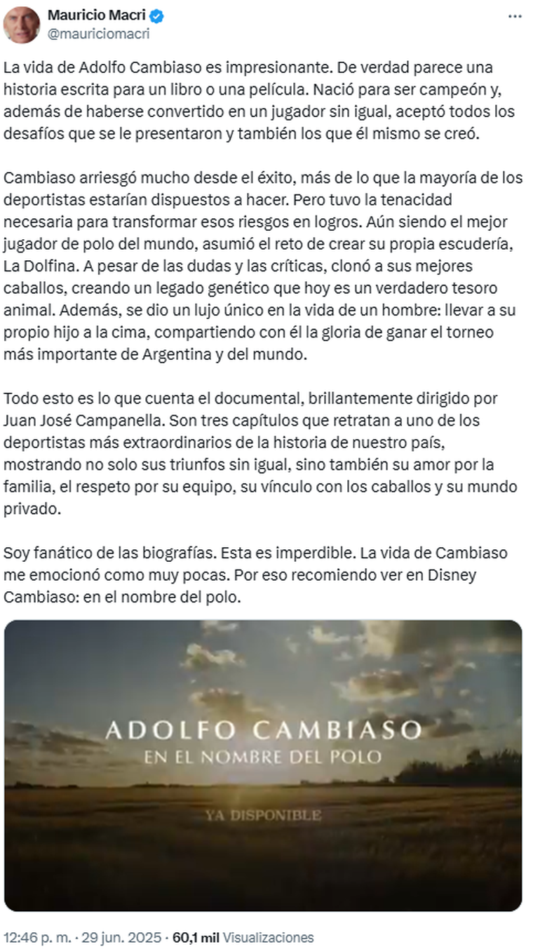 El mensaje de Mauricio Macri dedicado a Adolfo Cambiaso. Foto: captura de pantalla X/ @mauriciomacri. El mensaje de Mauricio Macri dedicado a Adolfo Cambiaso. Foto: captura de pantalla X/ @mauriciomacri.