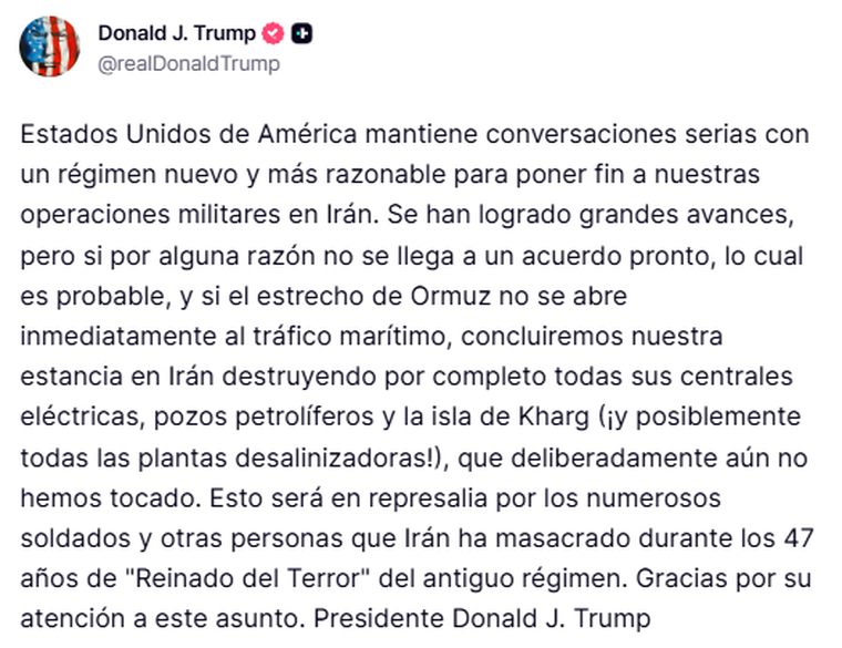 El posteo de Donald Trump en su red social Truth Social. El posteo de Donald Trump en su red social Truth Social.