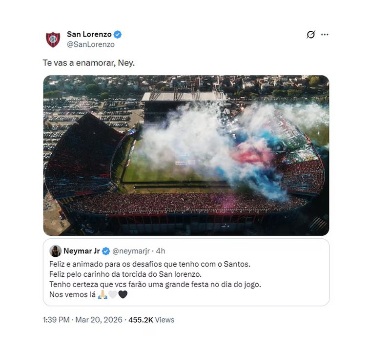 San Lorenzo publicó una imagen de su estadio y le lanzó una invitación a Neymar para que “se enamore”, gesto que el brasileño respondió con un mensaje de agradecimiento y entusiasmo. San Lorenzo publicó una imagen de su estadio y le lanzó una invitación a Neymar para que “se enamore”, gesto que el brasileño respondió con un mensaje de agradecimiento y entusiasmo.