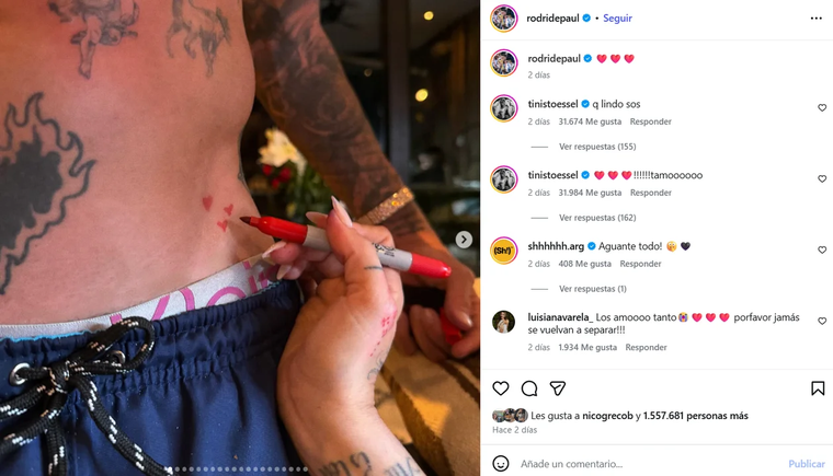 Detalle del diseño minimalista que Tini Stoessel y Rodrigo de Paul eligieron para grabar en su piel. Detalle del diseño minimalista que Tini Stoessel y Rodrigo de Paul eligieron para grabar en su piel.