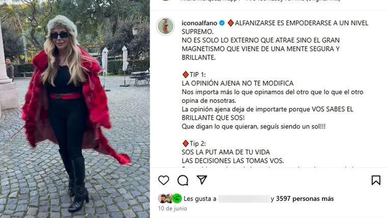 El posteo de Graciela Alfano.