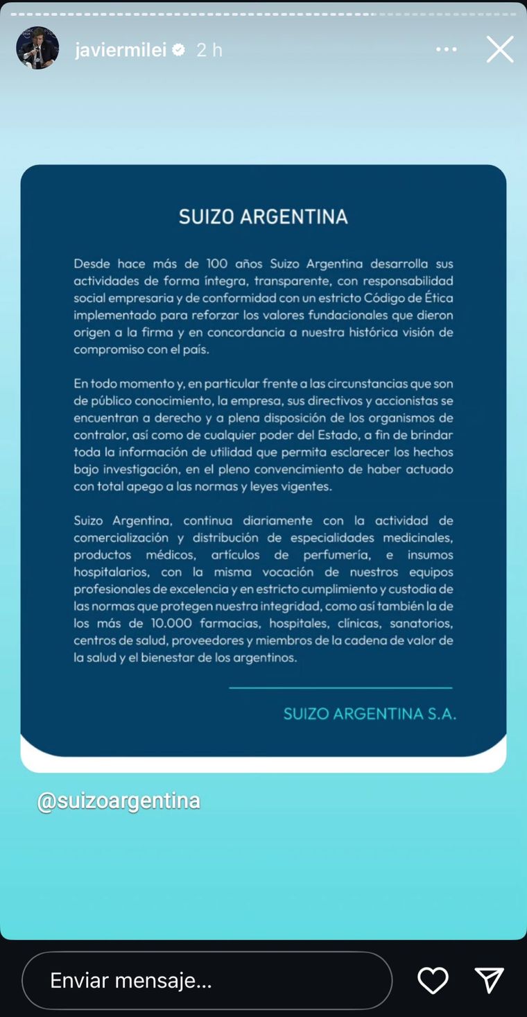 El comunicado de la Suizo Argentina que compartió en sus historias de Instagram Javier Milei luego de una semana de silencio sobre el escándalo de las supuestas coimas. El comunicado de la Suizo Argentina que compartió en sus historias de Instagram Javier Milei luego de una semana de silencio sobre el escándalo de las supuestas coimas.