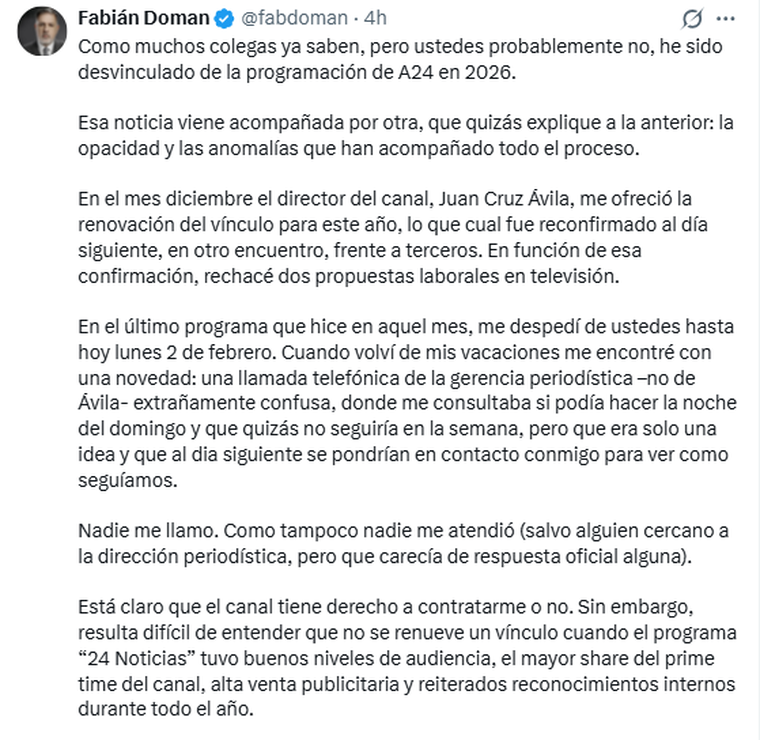 Fabián Doman se expresó en redes. Fabián Doman se expresó en redes.