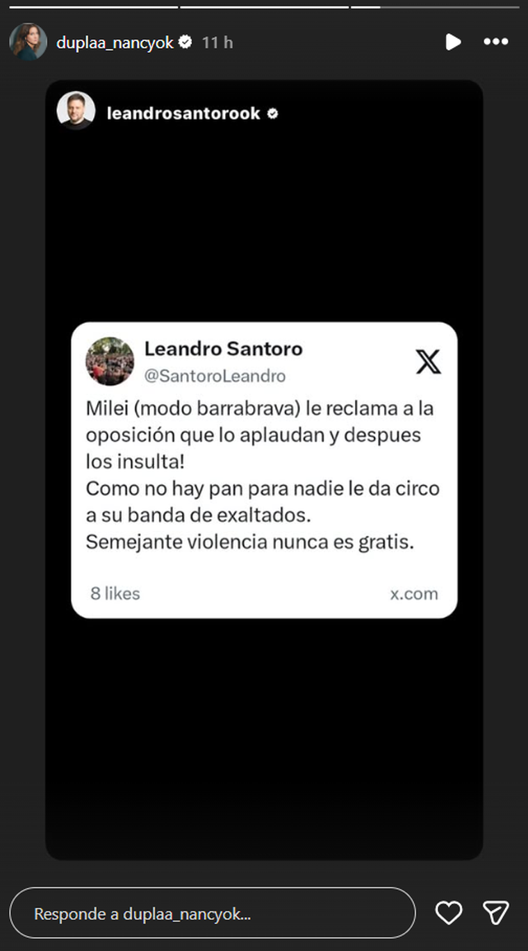 El mensaje de Leandro Santoro que compartió Nancy Dupláa. El mensaje de Leandro Santoro que compartió Nancy Dupláa.