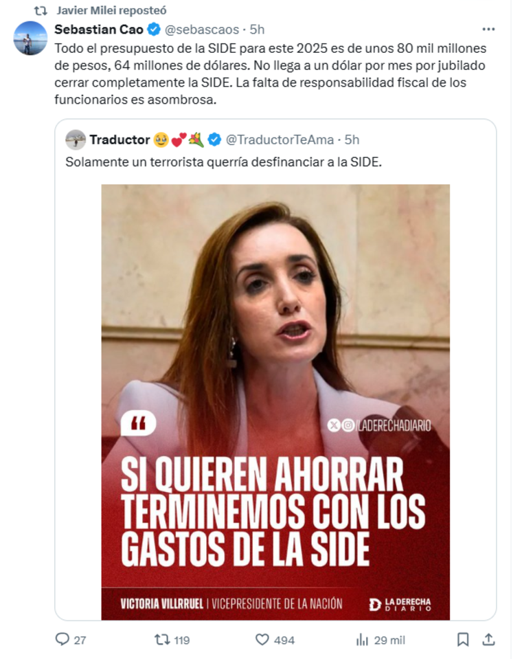 Javier Milei reposteó duros mensajes contra Victoria Villarruel. Javier Milei reposteó duros mensajes contra Victoria Villarruel.