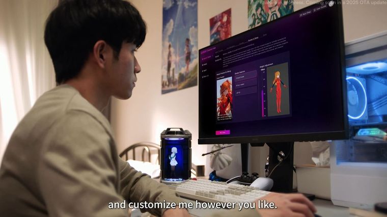 El dispositivo utiliza tecnología de seguimiento ocular para que el personaje de anime mantenga el contacto visual con el usuario. El dispositivo utiliza tecnología de seguimiento ocular para que el personaje de anime mantenga el contacto visual con el usuario.