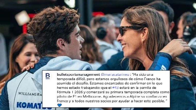 El posteo de María Catarineu, mánager de Franco Colapinto. El posteo de María Catarineu, mánager de Franco Colapinto.