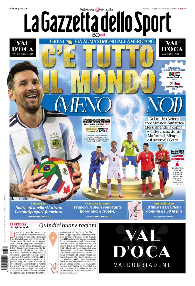 La dolorosa tapa de La Gazzetta dello Sport en el día en que comienza el Mundial La dolorosa tapa de La Gazzetta dello Sport en el día en que comienza el Mundial