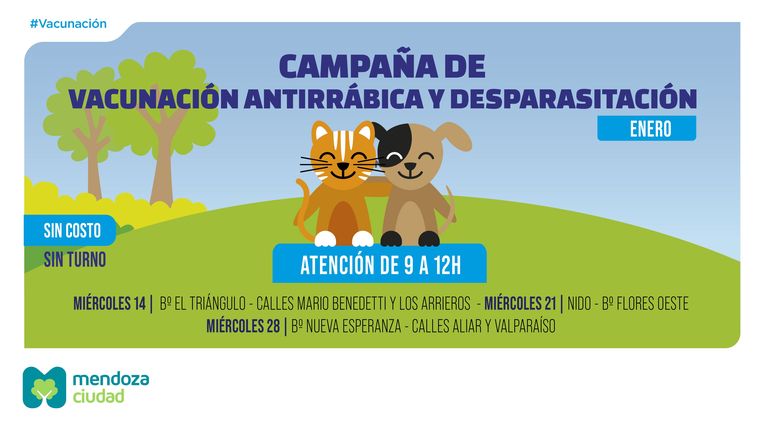 La Ciudad de Mendoza realizará operativos gratuitos de vacunación antirrábica y desparasitación para perros y gatos. La Ciudad de Mendoza realizará operativos gratuitos de vacunación antirrábica y desparasitación para perros y gatos.