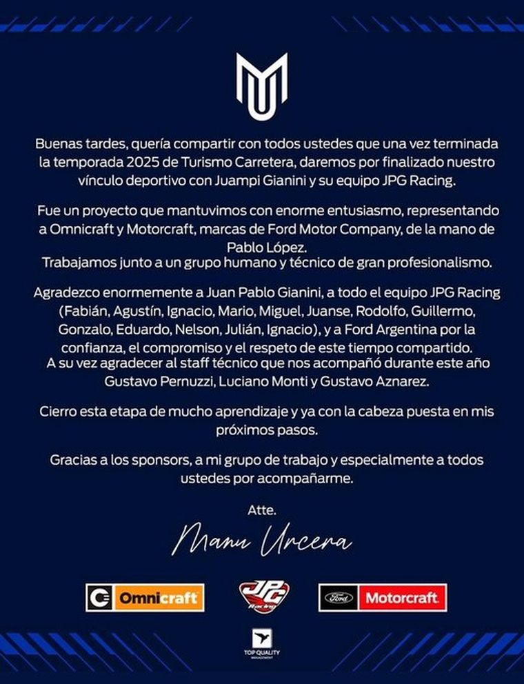 El comunicado de Urcera y su despedida del JPG Racing. El comunicado de Urcera y su despedida del JPG Racing.