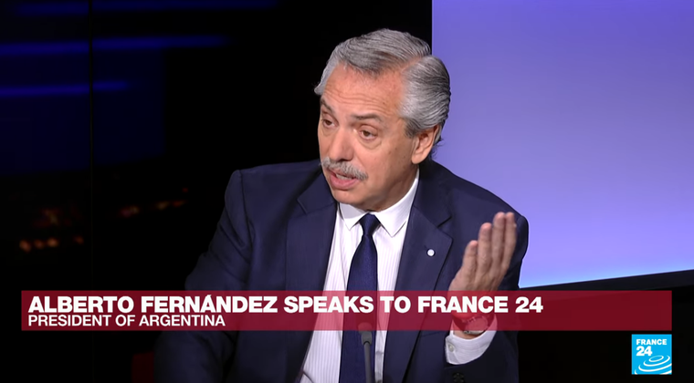 Alberto Fernández durante la entrevista a France 24 Foto: Captura de pantalla