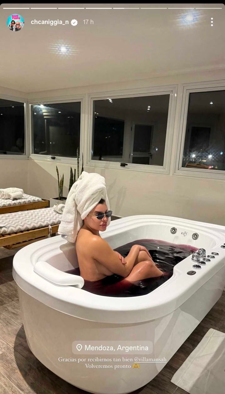 La mediática bañada en vino. Créditos: Instagram / chcaniggia_n La mediática bañada en vino. Créditos: Instagram / chcaniggia_n