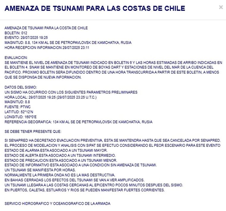 Este es el boletín 6 de SHOA sobre la amenaza de tsunami para las costas de Chile. Este es el boletín 6 de SHOA sobre la amenaza de tsunami para las costas de Chile.
