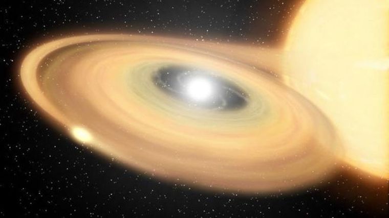 La estrella binaria V Sagittae contiene una enana blanca que roba material de una estrella compañera más grande, mientras las dos giran en espiral, una hacia la otra.