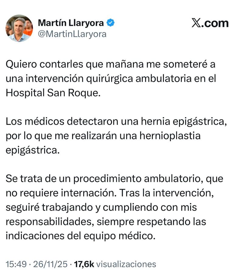 El gobernador de Córdoba, Martín Llaryora, anunció que será operado por una hernia epigrástica. El gobernador de Córdoba, Martín Llaryora, anunció que será operado por una hernia epigrástica.